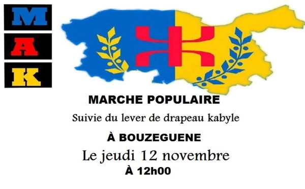 MAK: Marche populaire suivie du lever de drapeau kabyle le  jeudi 12 novembre à Bouzeguène