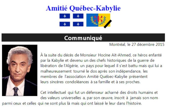 Décès de Hocine Ait-Ahmed : Communiqué de Amitié Québec-Kabylie