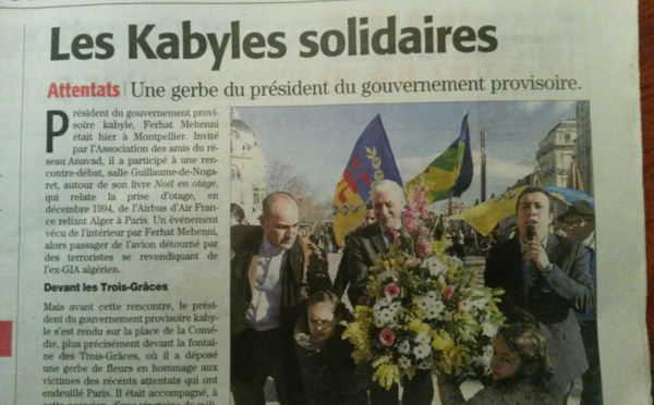 Le quotidien régional du Languedoc-Roussillon, "Le Midi libre" titre: les kabyles solidaires !