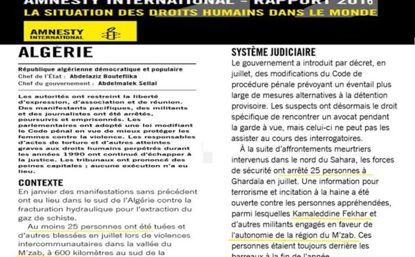 Malgré quelques approximations, Amensty international évoque les tueries du Mzab et l'arrestation arbitraire du Dr Fekhar et ses compagnons