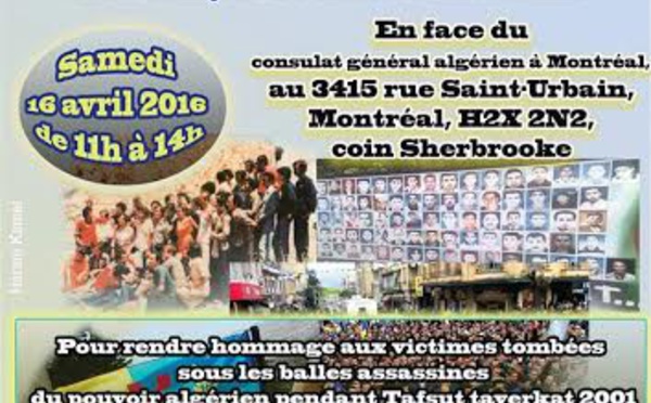 Appel à un rassemblement samedi 16 avril 2016 devant le consulat général d’Algérie à Montréal de 11 à 14h