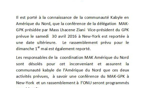 Report de la conférence et du rassemblement prévus le 30 avril et le 1er mai a New-York