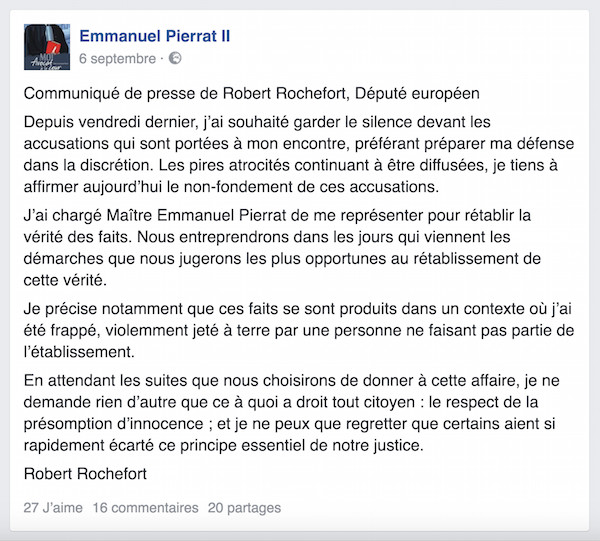 Communiqué désormais en première position sur le compte Twitter du député européen avec une redirection vers Facebook.