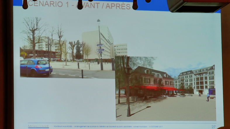 Scenario 1 du réaménagement de la place du Château : Avant et Après © VD/FT