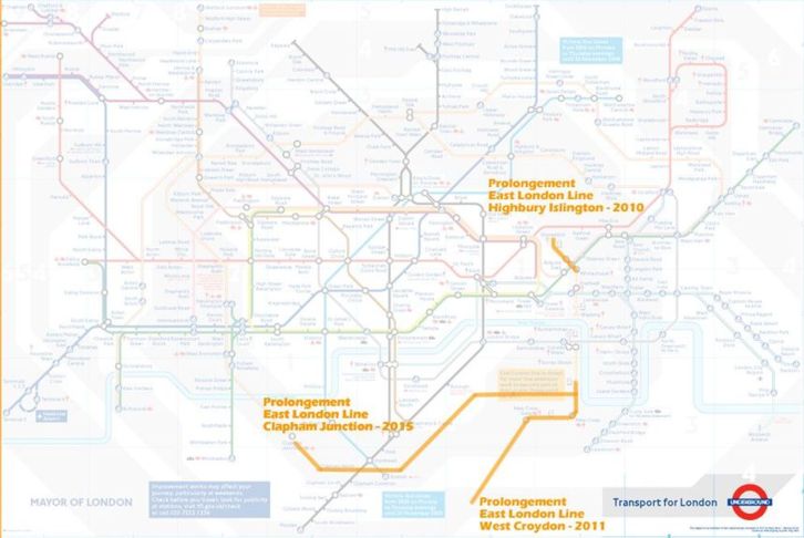 Le Grand Londres (1579 km²) auquel les sénateurs se sont aussi intéressé pour étudier le projet de loi du Grand Paris (1635 km²) : ici les nouvelles lignes d'ici à 2015