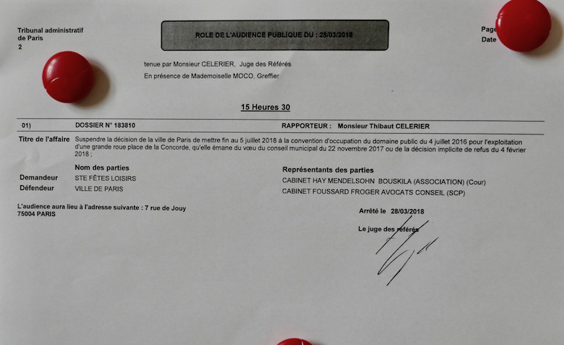 Role de l'affaire de la Grande Roue au Tribunal administratif de Paris © VD / PT