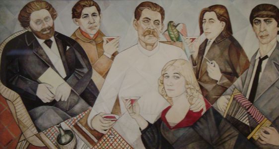 MAREVNA, hommage aux amis de Montparnasse (Volochine, Soutine, Gorki, Marevna, Ehrenbourg, Zadkine), Paris, 1915, huile sur panneau, 160x305 cm. Musée du petit Palais, Genève.