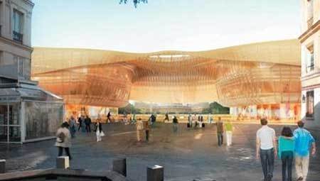 Crédit photographique : © Perspective : Studiosezz.com / Photographie : Philippe Guignard (Air Images). Perspective aérienne sur le projet de rénovation des Halles à Paris. Canopée : Patrick Berger et Jacques Anziutti architectes.