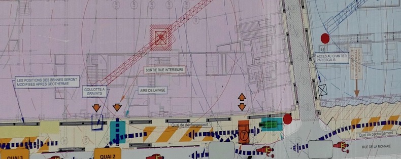 Détails du plan du chantier de la Samaritaine : l'incendie s'est déclaré au niveau du 19 rue de la Monnaie © Paris Tribune.