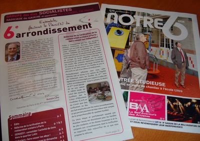Dans le 6ème arrondissement : le journal de l'opposition d'arrondissement de 4 pages avec Romain Lévy, et celui de la majorité d'arrondissement de 24 pages avec Jean-Pierre Lecoq