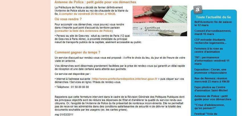 Antenne de police : petit guide pour vos démarches publié le 1er mars 2011 sur le site de la mairie du 6e arrondissement de Paris.
