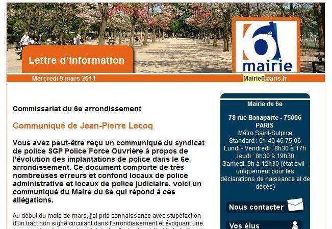 Lettre d'information envoyée par mail le 9 mars 2011 par la mairie du 6e arrondissement.