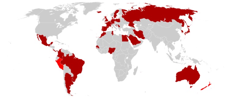 Carte représentant les pays participants à la Coupe du Monde de football 2018 en Russie © Nolack19, 15 novembre 2017 - CC-BY SA 4.0