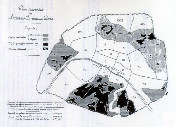 Plan d'ensemble des anciennes carrières de Paris - Octave Keller, Les carrières sous Paris, 1896.