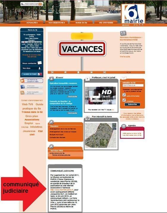 Page d'accueil du site de la mairie du 6e arrondissement de Paris. Capture d'écran du 27 juillet 2011.