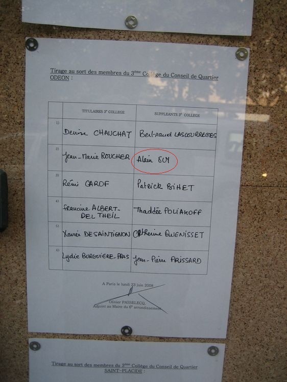 Les 12 habitants du quartier Odéon choisis par une main innocente pour siéger au conseil de quartier Odéon de 2008 à 2011, avant l'annulation du tirage au sort.