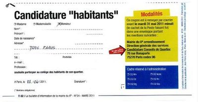 Coupon de candidature pour participer le 14 juin 2011 au tirage au sort des collège Habitants au sein des conseils de quartier (c) Direction générale des services de la mairie du 6e arrondissement.