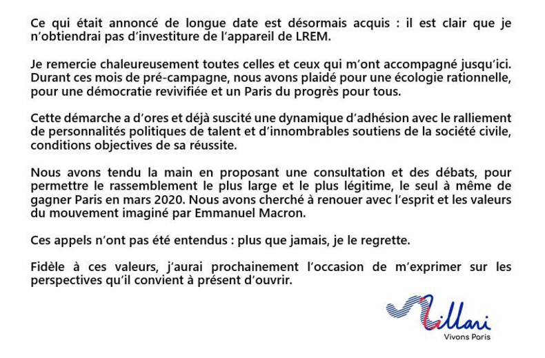 Cédric Villani s'exprime après les résultats de la commission d'investiture LREM.