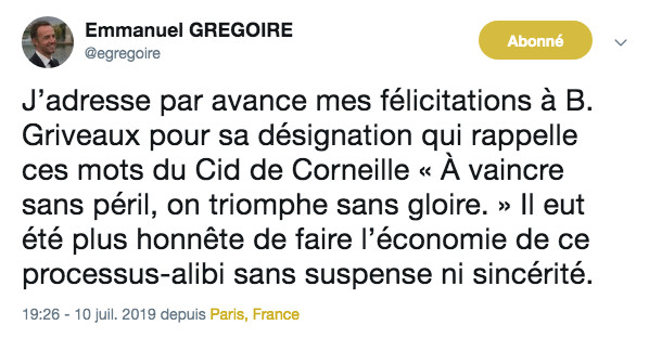 Emmanuel Grégoire le premier djoint d'Anne Hidalgo félicite Benjamin Griveaux © capture d'écran Twitter.