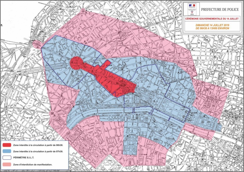 Cérémonie du 14 juillet 2019 - les zones interdites à la circulation © préfecture de police de Paris.