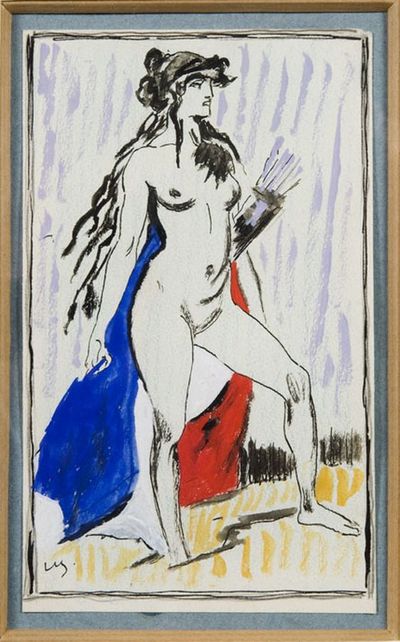 Marianne en Athéna, dessin à l'encre noire, aquarelle et gouache, dimensions 17 cm x 10 cm, de Lucien Métivet (1863-1930).
