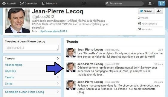 Jean-Pierre Lecoq annonce le 30 mars 2012 sur son compte Twitter avoir été Désigné comme représentant départemental de N Sarkozy pour superviser sa campagne officielle à Paris.