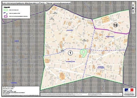 Le 9e arrondissement à cheval sur la 1ere et la 18e circonscription de Paris (c) Ministère de l'Intérieur.