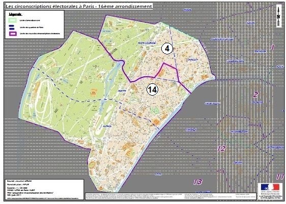 Le 16e arrondissement à cheval sur la 4e et la 14e circonscription de Paris (c) Ministère de l'Intérieur.