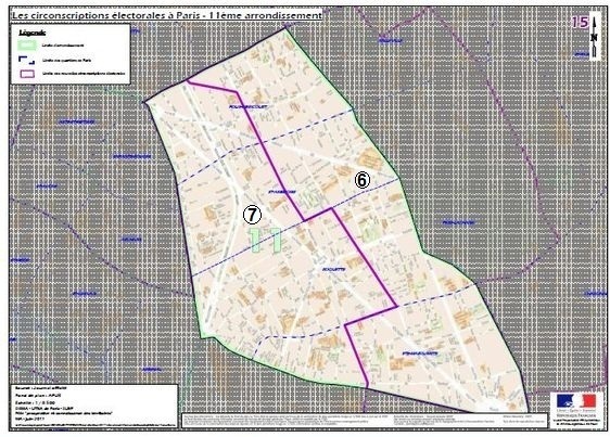 Le 11e arrondissement à cheval sur la 6e et la 7e circonscription de Paris (c) Ministère de l'Intérieur.