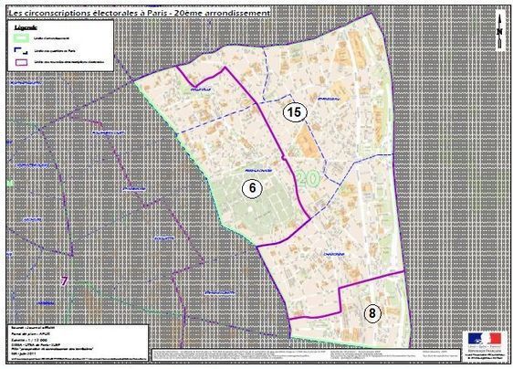 Le 20e arrondissement à cheval sur la 6e, 8e et 15e circonscription de Paris (c) Ministère de l'Intérieur.