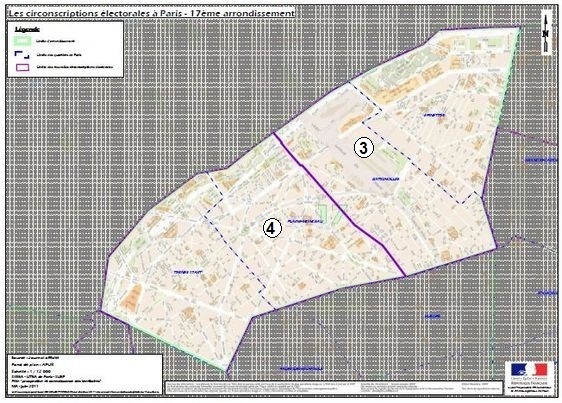 Le 17e arrondissement à cheval sur la 3e et la 4e circonscription de Paris (c) Ministère de l'Intérieur.