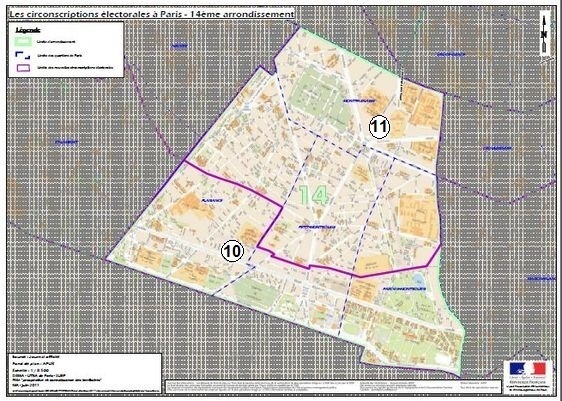 Le 14e arrondissement à cheval sur la 10e et la 11e circonscription de Paris (c) Ministère de l'Intérieur.