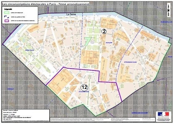 Le 7e arrondissement à cheval sur la 2e et la 12e circonscription de Paris (c) Ministère de l'Intérieur.
