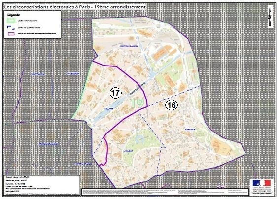 Le 19e arrondissement à cheval sur la 16e et la 17e circonscription de Paris (c) Ministère de l'Intérieur.