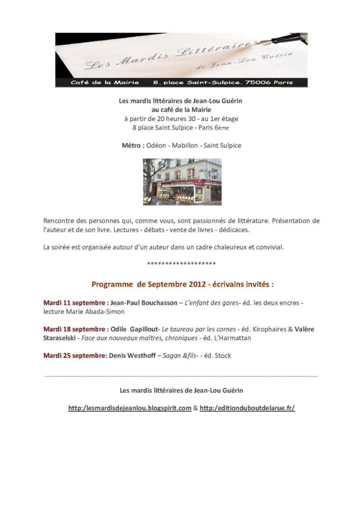 Septembre 2012 : Programme des Mardis Littéraires de Jean-Lou Guérin au Café de la Mairie Place Saint Sulpice