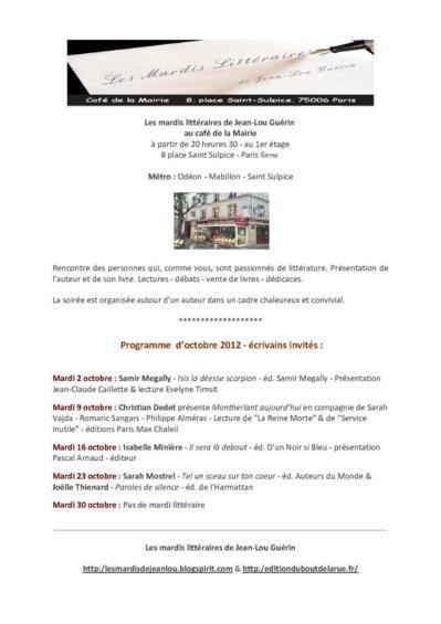 Octobre 2012 : Programme des Mardis Littéraires de Jean-Lou Guérin au Café de la Mairie Place Saint Sulpice 