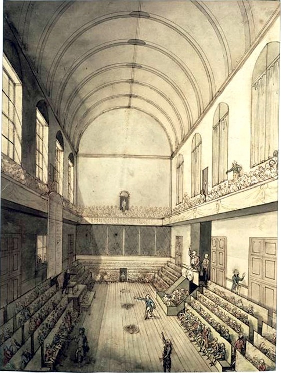 La Salle du Manège aux Tuileries où siégèrent successivement l’Assemblée Constituante du 9 novembre 1789 au 30 septembre 1791, l’Assemblée Législative du 1er octobre 1791 au 21 septembre 1792, la Convention Nationale du 21 septembre 1792 au 9 mai 1793 et où démarra l'An I de la République le 22 septembre 1792.