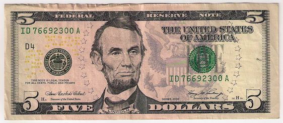 SPECIMEN : Billet specimen 5 USD à l'effigie d'Abraham Lincoln.