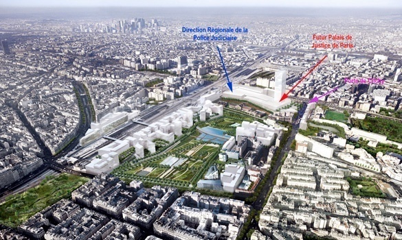 ZAC de Clichy-Batignolles : de gauche à droite, la Direction Régionale de la Police Judiciaire de Paris (DRPJ), la Cité Judiciaire et la Porte de Clichy (c) anciens-combattants.forumactif.com