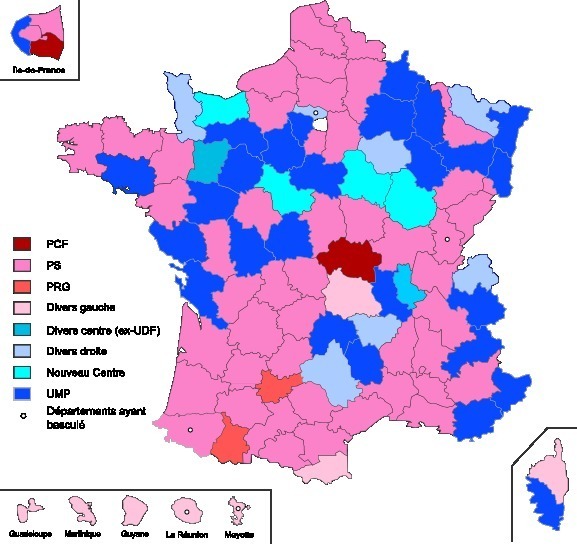 Couleur politique des présidents des conseils généraux élus suite aux élections cantonales de 2011 (c) Conseils généraux 2008 - Pymouss44 derivative work - Superbenjamin.
