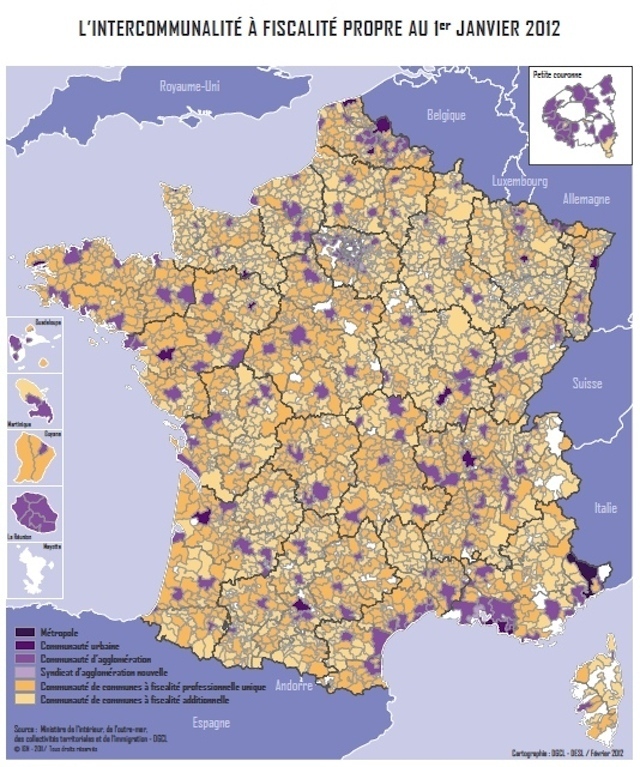 Intercommunalité à fiscalité propre au 1er janvier 2012 (c) Cartographie de la Direction générale des collectivités locales DESL