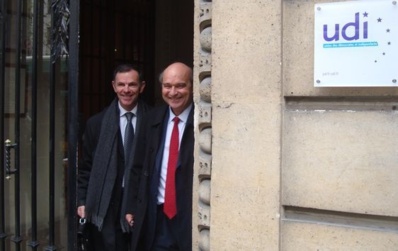 Eric Hélard et Yves Pozzo di Borgo sortant du siège de l'UDI.