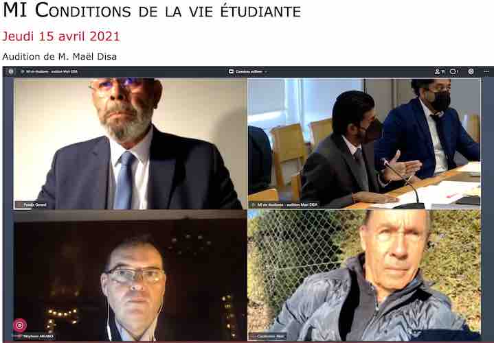 La mission d’information sénatoriale sur les conditions de la vie étudiante a auditionné Maël Disa, délégué interministériel pour l’égalité des chances des Français d’Outre-mer et la visibilité des Outre-mer le 15 avril 2021 - capture d'écran.