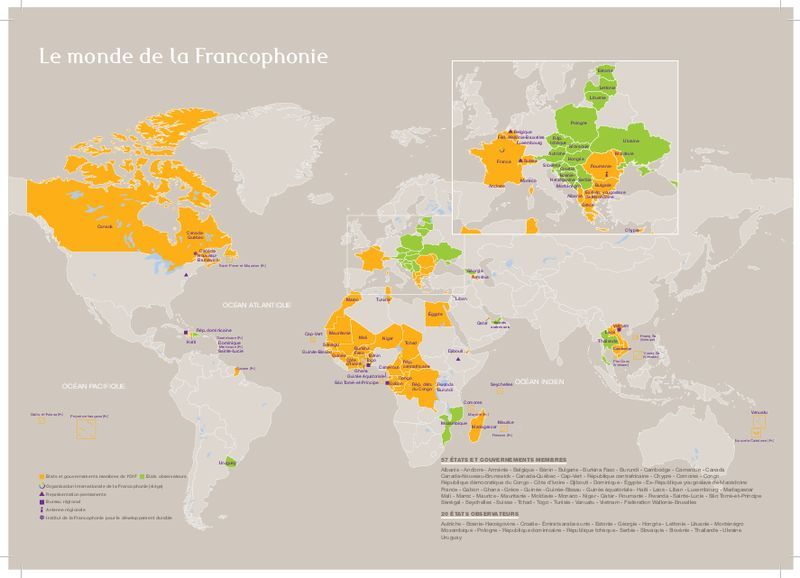 Carte de l' Organisation internationale de la Francophonie - Créé le 20 mars 1970 - Secrétaire général depuis 2003 : Abdou Diouf.