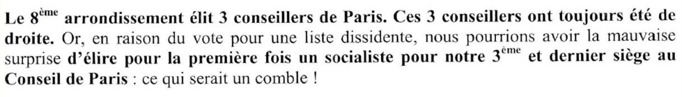Extrait du tract de la liste UMP - Modem - UDI envoyé par courrier avant le 1er tour aux habitants du 8e avec une lettre du maire d'arrondissement François Lebel.