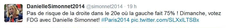 Tweet de Danielle Simonnet publié le 28 mars 2014 à 18h30.