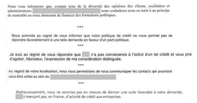 Extraits des 5 réponses de 5 banques à la demande de prêt par le Front National.