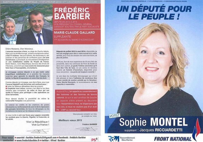 Page 1 du tract au premier tour - Législatives partielles, les  deux candidats présents au second tour.