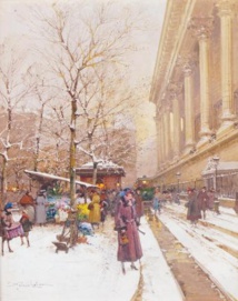 Le Marché aux fleurs de La Madeleine sous la neige, lot n°277 Gallien Laloue, Etude JP Besch.