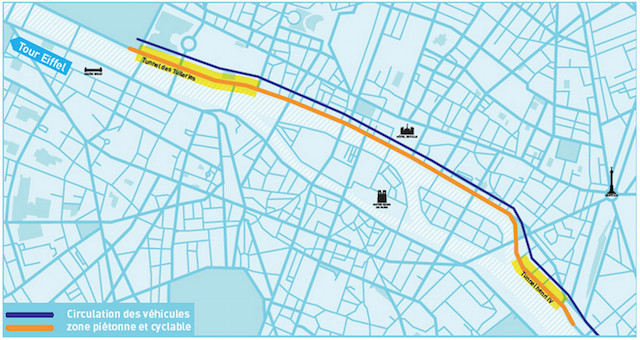 Le projet retenu par la Mairie de Paris : un linéaire piétonnier de 3,3km, du tunnel des Tuileries jusqu’au port de l’Arsenal © Mairie de Paris.